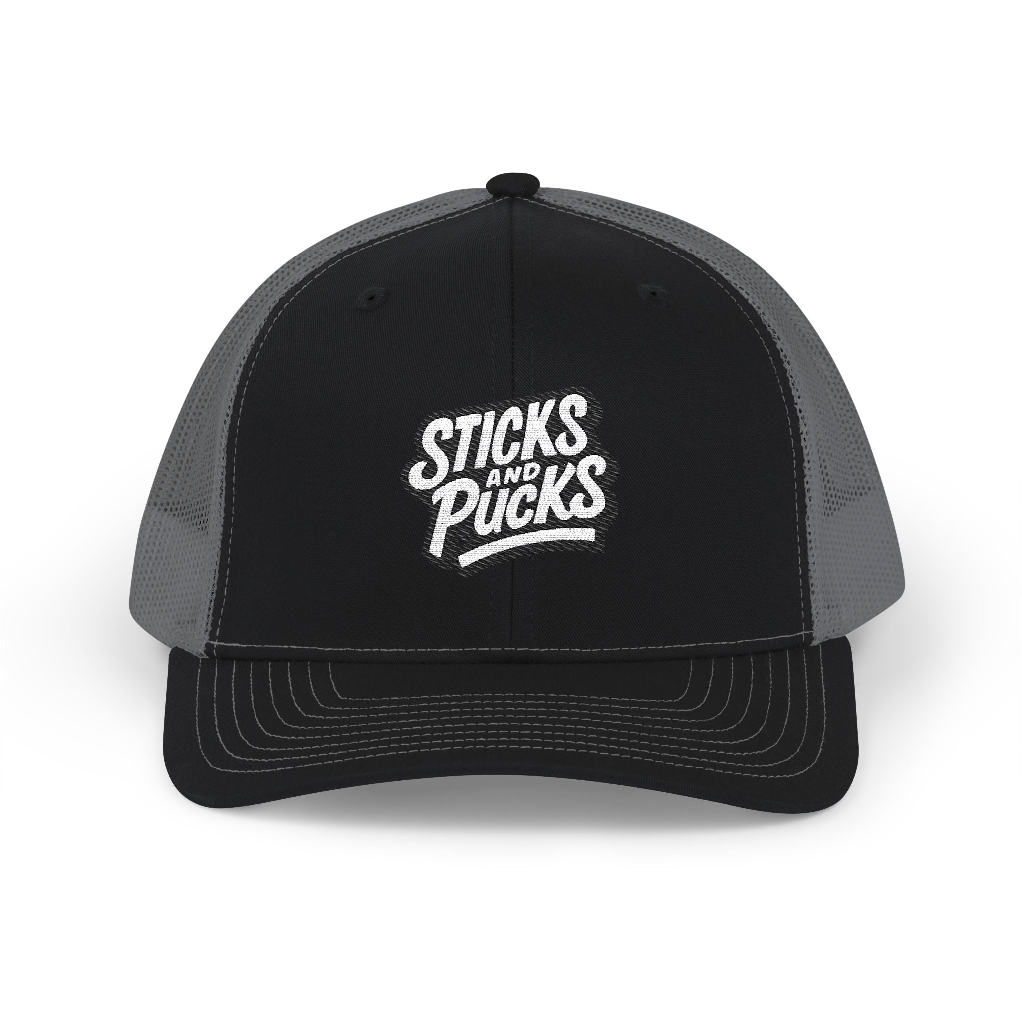 Sticks and Pucks Embroidered Snapback Trucker Cap