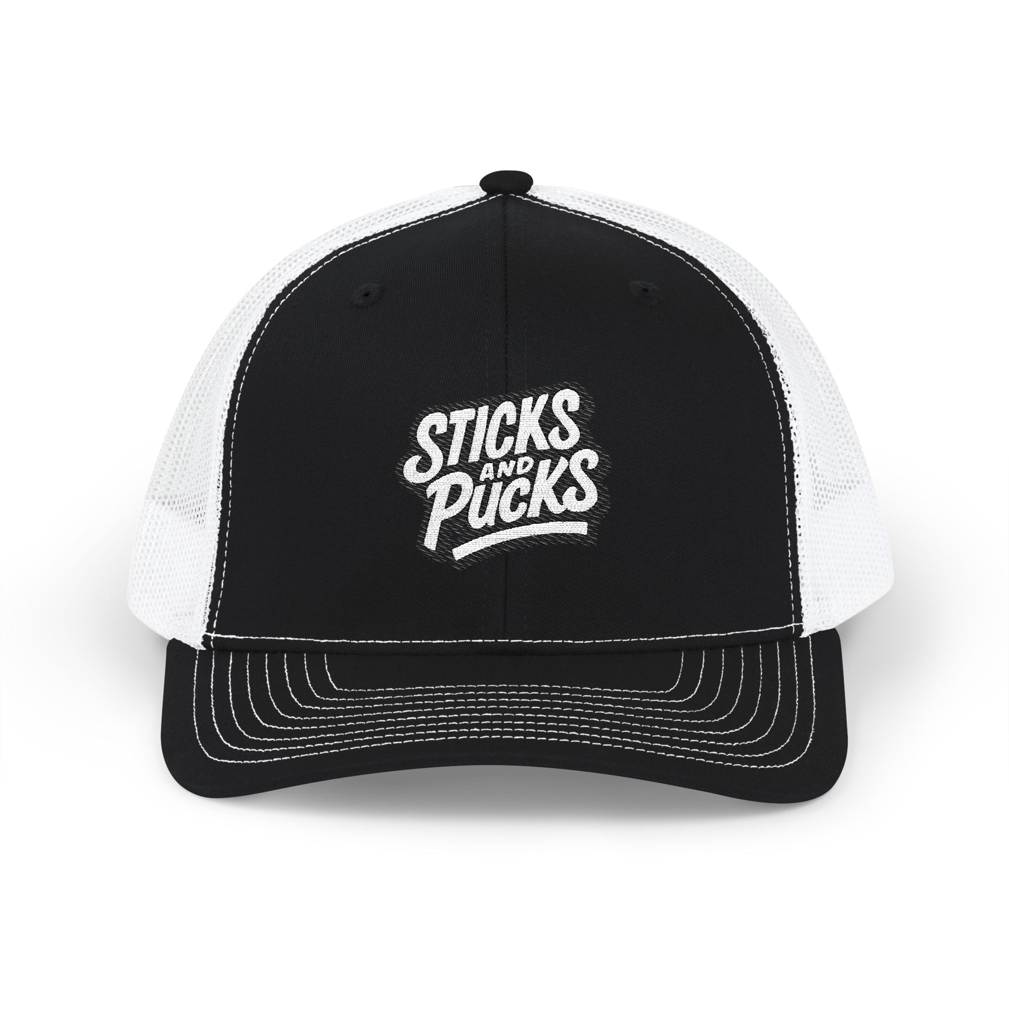 Sticks and Pucks Embroidered Snapback Trucker Cap